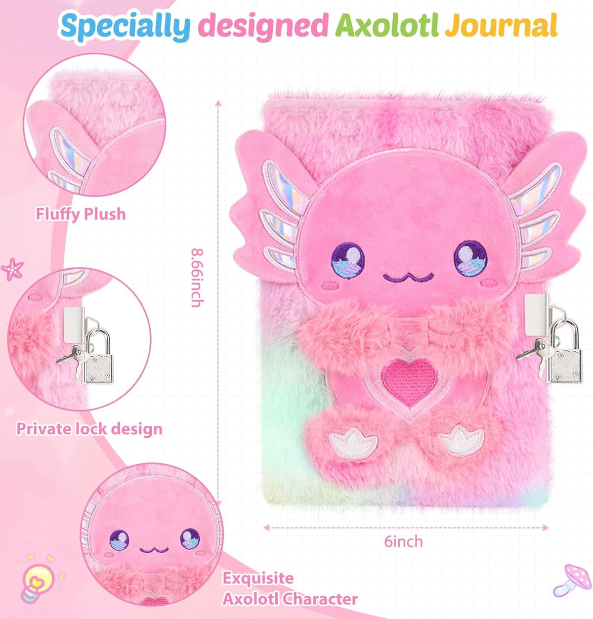 homicozy Axolotl Diary with Lock, Gift for 6 7 8 Year Old Girl, Secret Diary Journal Tie-Dye Fuzzy Notebook with 160 Pages,Cute Stationery Axolotl Gift for Girls