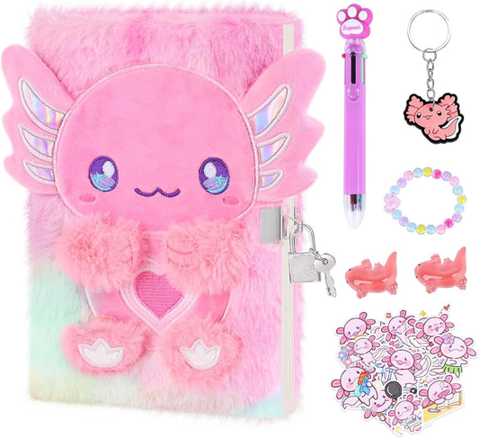 homicozy Axolotl Diary with Lock, Gift for 6 7 8 Year Old Girl, Secret Diary Journal Tie-Dye Fuzzy Notebook with 160 Pages,Cute Stationery Axolotl Gift for Girls